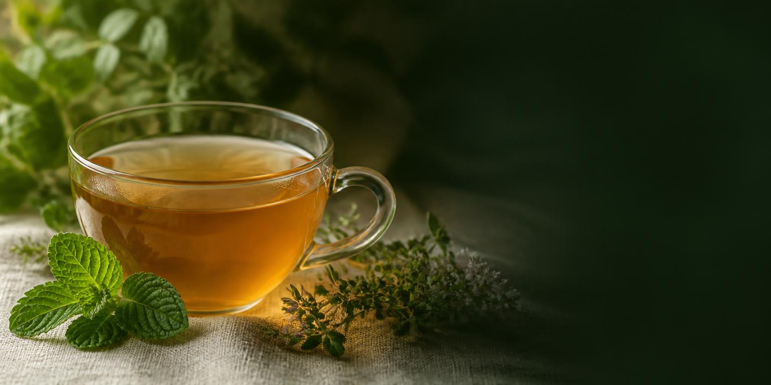 Xícara de chá dourado com folhas frescas e ervas naturais