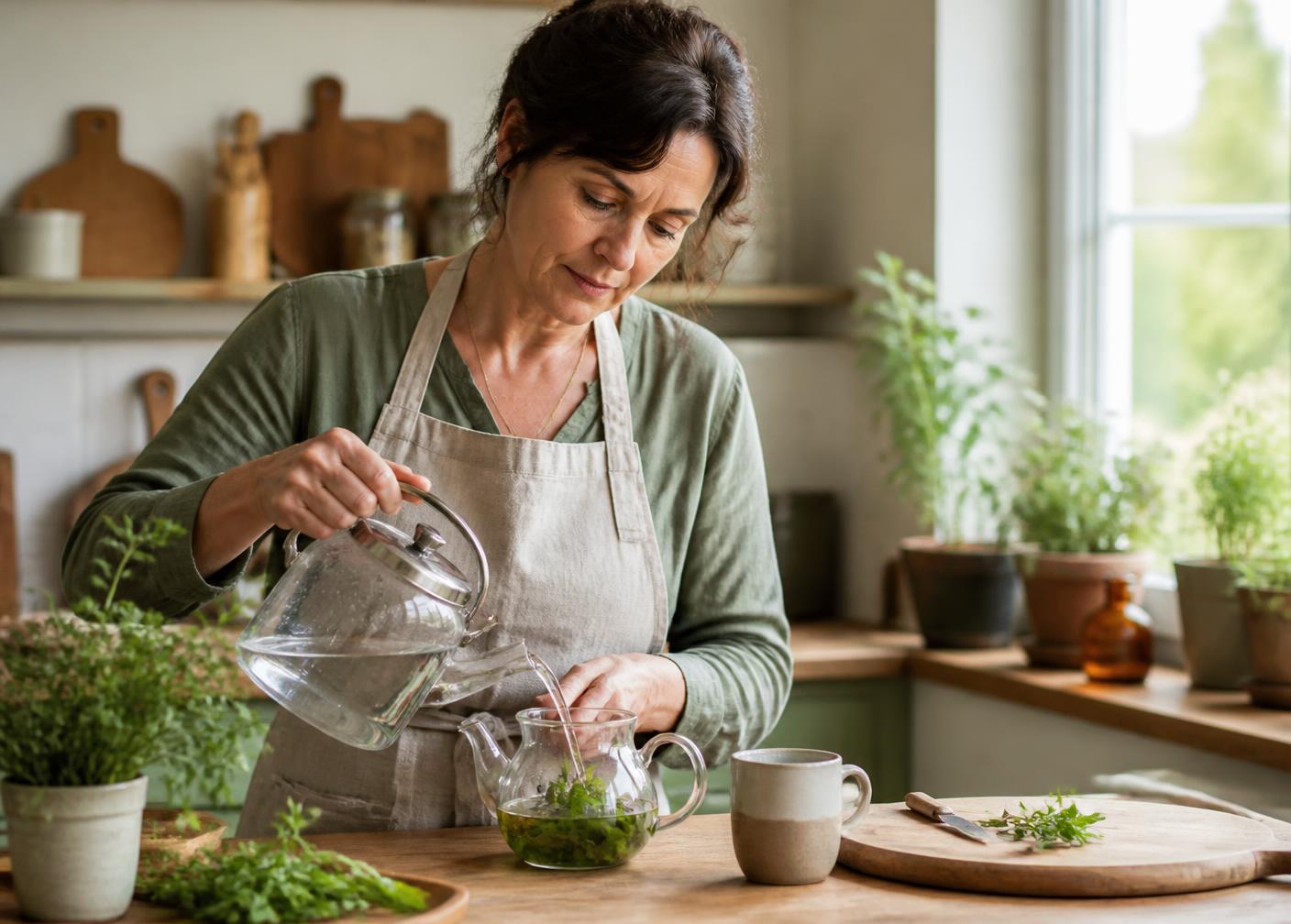 Mulher preparando chá de ervas em uma cozinha com luz natural